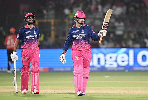 Rajasthan Royals' Vaibhav Sooryavanshi celebrates his fifty runs during the Indian Premier League cricket match between Rajasthan Royals and Sunrisers Hyderabad in Jaipur.