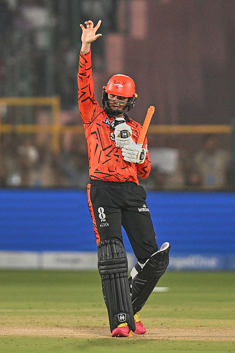 Sunrisers Hyderabad's Abhishek Sharma celebrates his fifty runs during the Indian Premier League cricket match between Rajasthan Royals and Sunrisers Hyderabad in Jaipur.