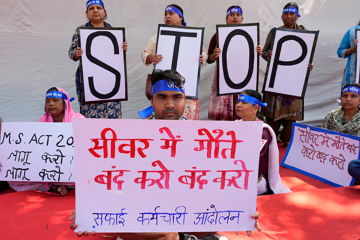 Sanitation workers from multiple states said they are forced into the work due to caste identity and lack basic safety gear while handling hazardous sewage. at Jantar Mantar in New Delhi on March 25, 2026.  - SURESH K PANDEY