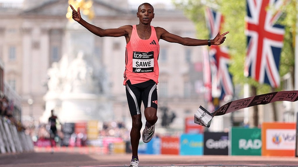 Sabastian Sawe from Kenya crosses the finish line to win the men's race at the London Marathon. - AP/Ian Walton