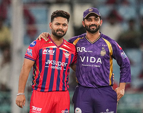 Kolkata Knight Riders captain Ajinkya Rahane, right, and Lucknow Super Giants' captain Rishabh Pant during the toss before an Indian Premier League (2026) T20 cricket match between Lucknow Super Giants and Kolkata Knight Riders, in Lucknow, Uttar Pradesh.