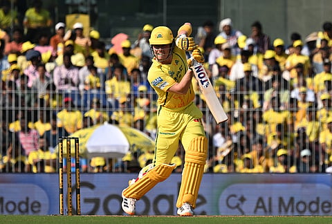 Chennai Super Kings' Dewald Brevis bats during the Indian Premier League cricket match between Chennai Super Kings and Gujarat Titans in Chennai.