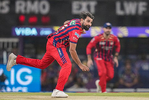 Lucknow Super Giants' Mohammed Shami bowls a delivery during the Indian Premier League (2026) T20 cricket match between Lucknow Super Giants and Kolkata Knight Riders, in Lucknow, Uttar Pradesh.