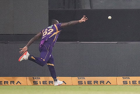 Kolkata Knight Riders' Rovman Powell catches and passes the ball to Rinku Singh for a relay catch of Lucknow Super Giants' Aiden Markram during super over in the Indian Premier League (IPL) 2026 T20 cricket match between Lucknow Super Giants and Kolkata Knight Riders, in Lucknow, Uttar Pradesh.
