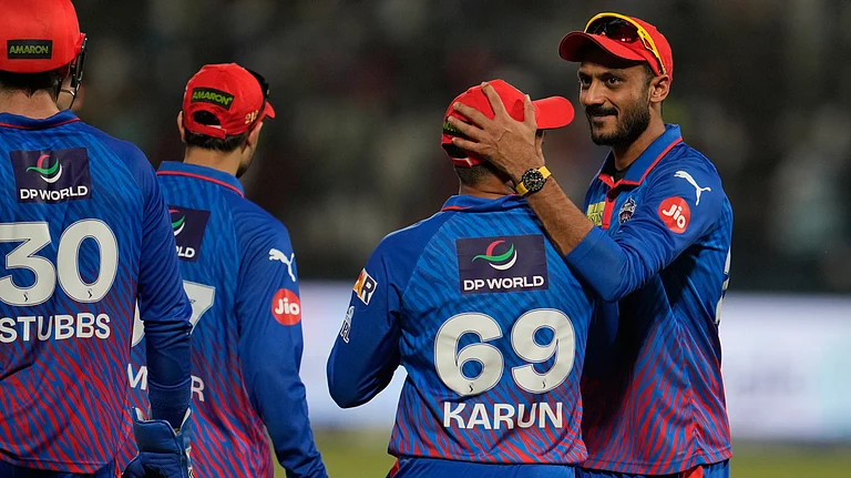 Delhi Capitals' Karun Nair, second from right, celebrates with captain Axar Patel after takes the catch to dismiss Punjab Kings' Nehal Wadhera during the Indian Premier League cricket match between Delhi Capitals and Punjab Kings in New Delhi, India, Saturday, April 25, 2026. - | Photo: AP/Manish Swarup