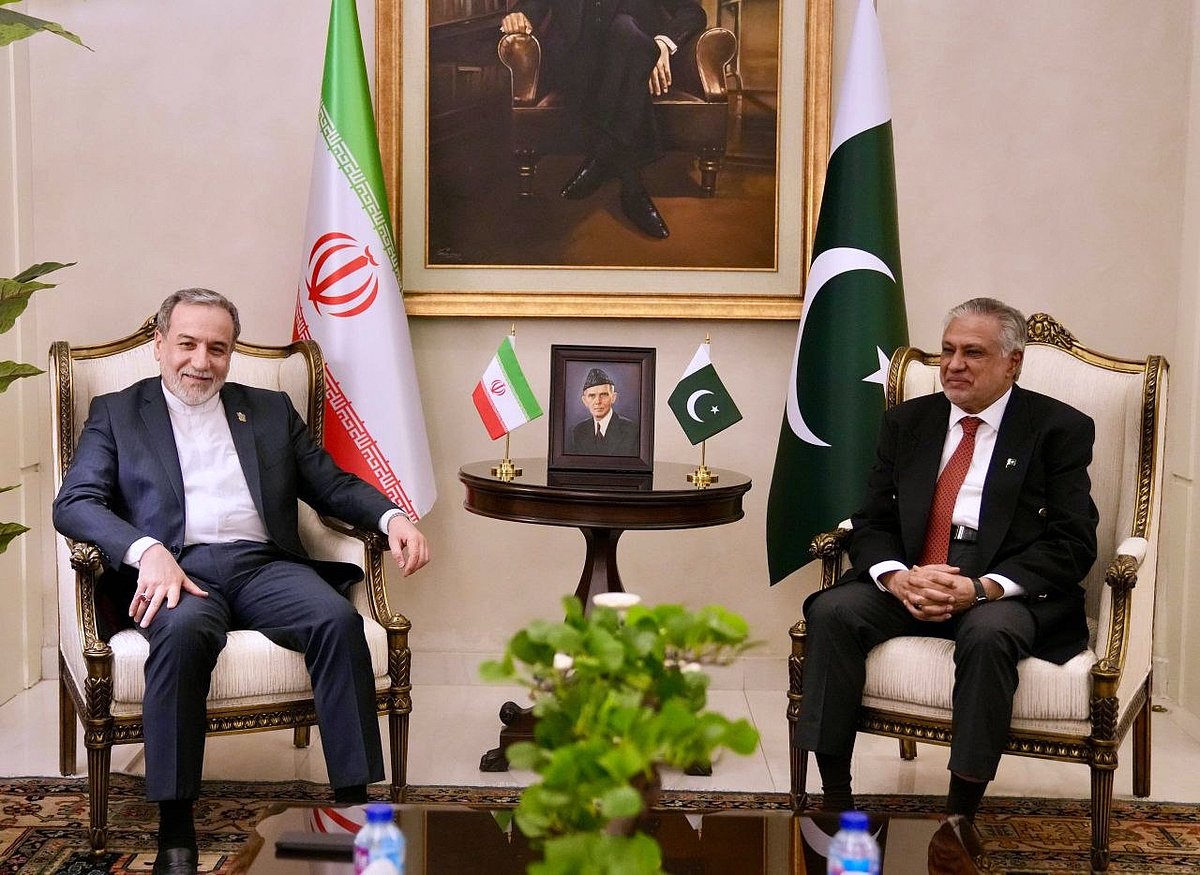 Iranian Foreign Minister Abbas Araghchi, left, meets with Pakistani Foreign Minister Ishaq Dar upon his arrival in Pakistan, Friday, April 24, 2026.  - (Iranian Foreign Ministry via AP)