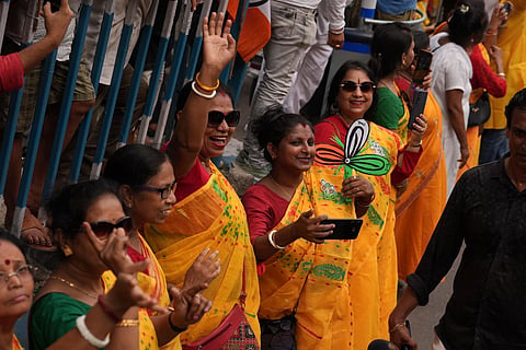 Supporters during a roadshow led by West Bengal Chief Minister and Trinamool Congress supremo Mamata Banerjee amid the ongoing West Bengal Assembly elections, in Kolkata.