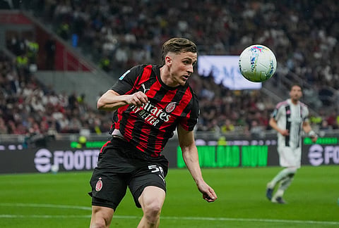 AC Milan's Alexis Saelemaekers in action during the Serie A soccer match between AC Milan and Juventus, in Milan, Italy.