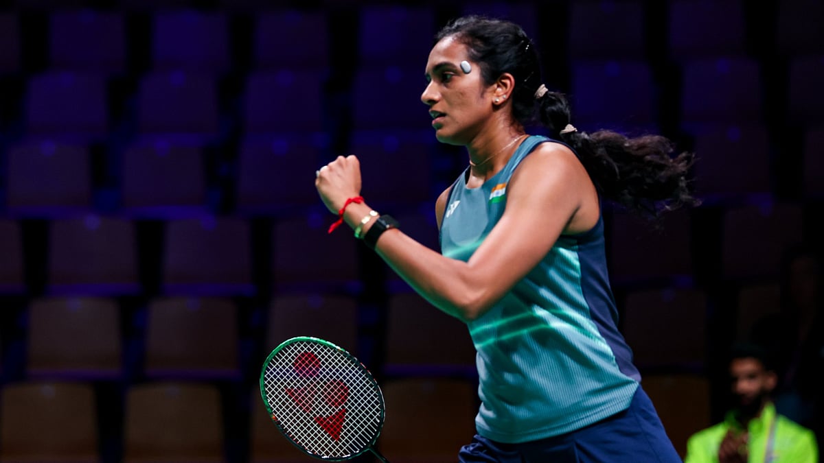 PV Sindhu celebrating a point against Ukraine in Uber Cup 2026.  - BAI_Media/X