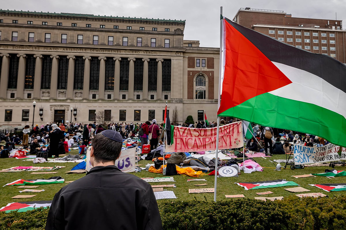 APRIL 19, 2024: A view of the banners and Palestinian flags as Pro-Palestinian student protesters resume demonstrations on Friday at Columbia University on the third day of Gaza Solidarity Encampment after mass arrests by New York Police Department in New York, United States on April 19, 2024.
 - Source: IMAGO / Anadolu Agency