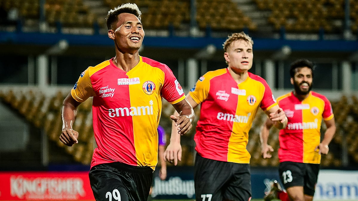 East Bengal footballers celebrate a goal against Odisha FC in ISL 2025-26 clash at Goa.  - IndSuperLeague/X
