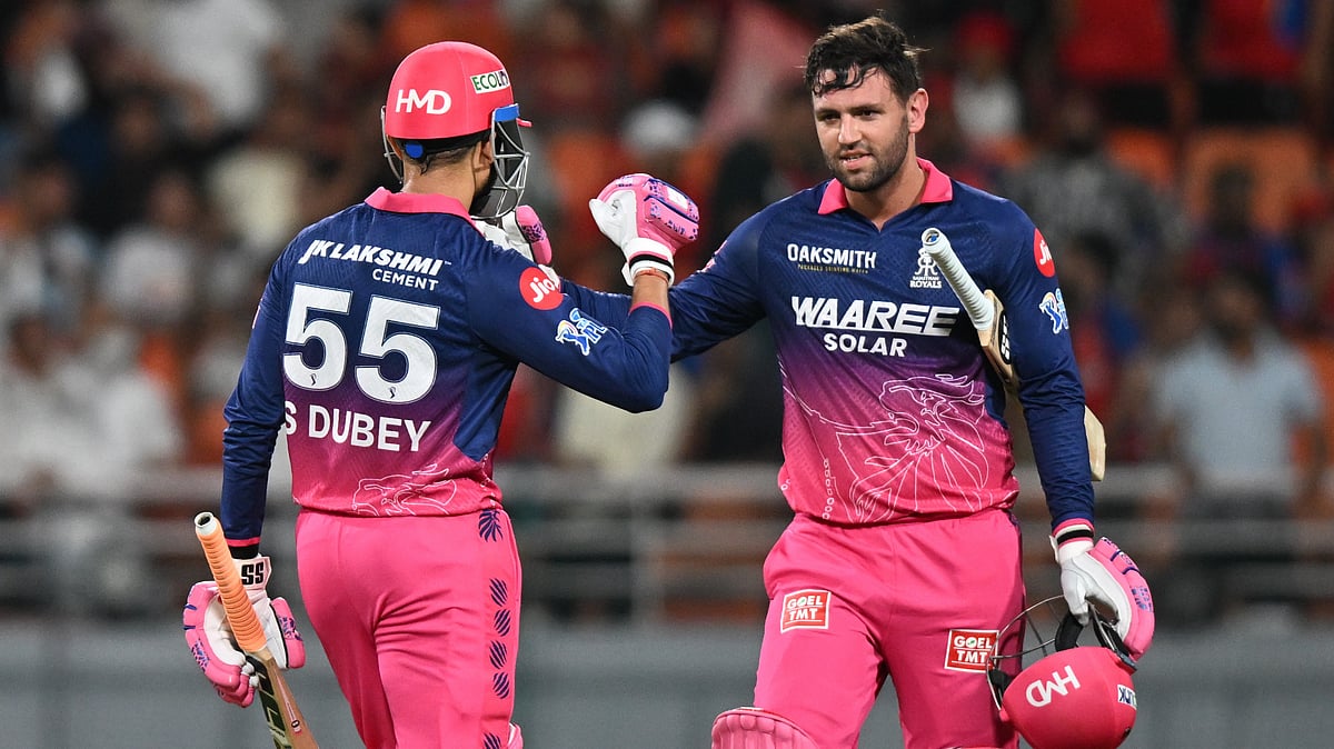 Rajasthan Royals' Donovan Ferreira, right, and Rajasthan Royals' Shubham Dubey celebrates after they won the Indian Premier League cricket match against Punjab Kings in New Chandigarh - AP Photo