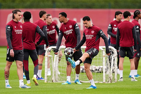 Arsenal's Riccardo Calafiori, left, and Gabriel Martinelli during a training session in London.