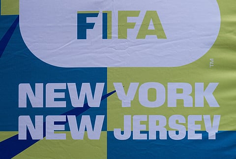 A sign advertising the upcoming World Cup is seen during a news conference in the Staten Island borough of New York.