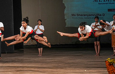 Kalari Gurukulam students perform  ‘Kalaripayattu’ martial art techniques during Kalari Buds, in Bengaluru.