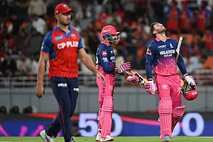 | Photo: AP : Rajasthan Royals' Donovan Ferreira, right, and Rajasthan Royals' Shubham Dubey, second from left, celebrates after they won the Indian Premier League cricket match against Punjab Kings in New Chandigarh, India.
