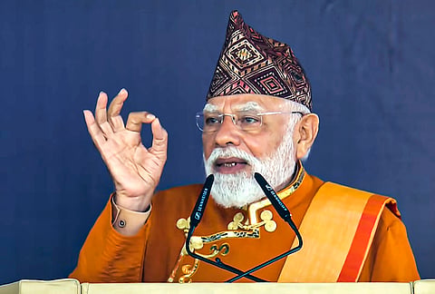 Prime Minister Narendra Modi addresses the closing ceremony of Sikkim's 50th year of statehood celebrations, at Paljor Stadium in Gangtok, Sikkim. 