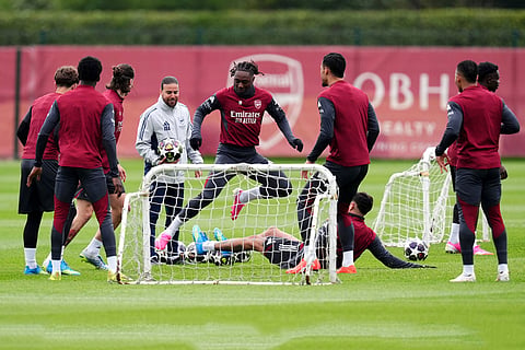 Arsenal's Eberechi Eze, center, during a training session in London.