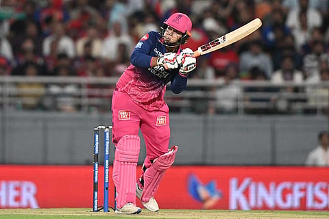 Rajasthan Royals' Vaibhav Sooryavanshi hits a six during the Indian Premier League cricket match between Rajasthan Royals and Punjab Kings in New Chandigarh, India.
