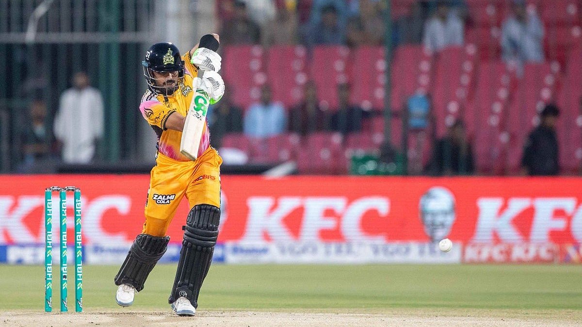 Babar Azam in action for Peshawar Zalmi against Islamabad United in PSL 2026 qualifier 1.  - thepslt20
