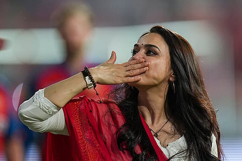 Punjab Kings' co-owner Preity Zinta gestures after the Indian Premier League (IPL) 2026 T20 cricket match between Punjab Kings and Rajasthan Royals, in Mullanpur.