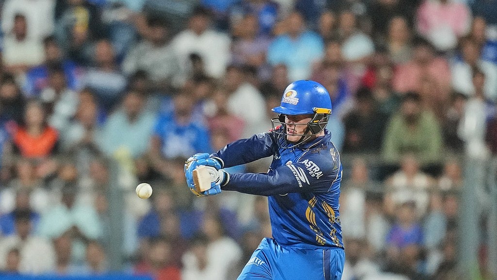 Ryan Rickelton plays a shot during the Indian Premier League match between Mumbai Indians and Sunrisers Hyderabad in Mumbai. - AP