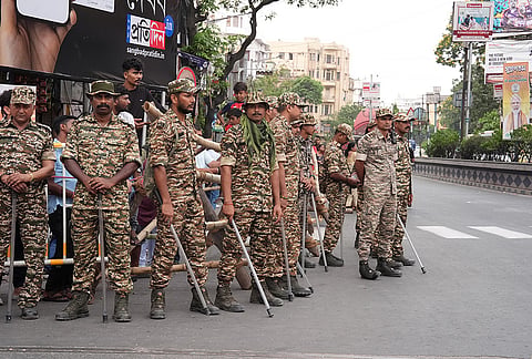 Armed security personnel keep vigil amid the West Bengal Assembly elections, in Kolkata.