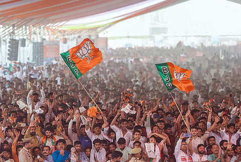Supporters gather during the inauguration of the 594-km-long Ganga Expressway by Prime Minister Narendra Modi, in Hardoi, Uttar Pradesh. 