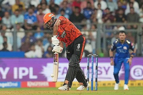 Sunrisers Hyderabad's Nitish Kumar Reddy plays a shot during the Indian Premier League cricket match between Mumbai Indians and Sunrisers Hyderabad in Mumbai, India.