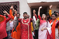 Maa, Maati, Maachh: How Fish Became A Political Hook In Bengal Elections Photo by Sandipan Chatterjee : All India Trinamool Congress (Trinamool) claims The Bharatiya Janata Party (BJP) is “not Bengali”. Breaking this perception, BJP candidate Rakesh Singh, Kolkata Port Assembly constituency in the upcoming West Bengal Assembly elections held a morning procession following traditional Bengali customs, women wore sarees, carrying fish in their hands, while campaigning door to door on the day of Bengali New Year.