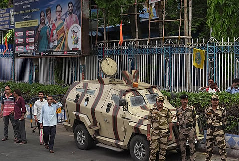 Armed security personnel keep vigil amid the West Bengal Assembly elections, in Kolkata.