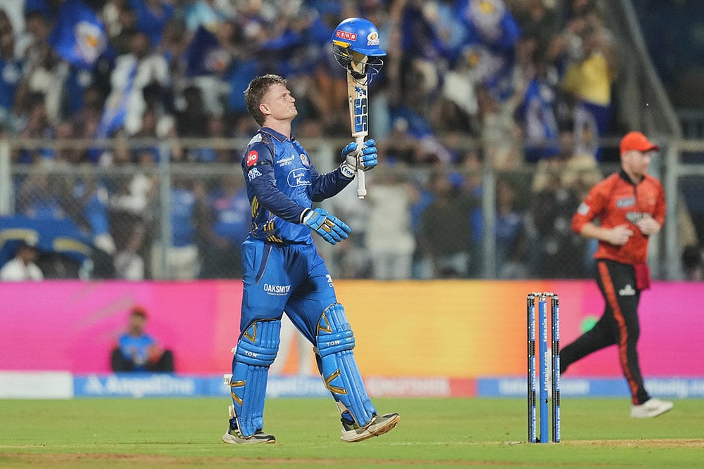 Mumbai Indians Ryan Rickelton celebrates his century