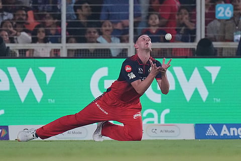 Royal Challengers Bengaluru's Josh Hazlewood takes the catch to dismiss Gujarat Titans' M Shahrukh Khan during the Indian Premier League cricket match between Gujarat Titans and Royal Challengers Bengaluru in Ahmedabad, India.