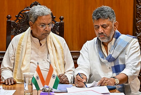Karnataka Chief Minister Siddaramaiah and Deputy CM DK Shivakumar during a high-level review meeting with BBMP Commissioners, at Vidhana Soudha, in Bengaluru. 