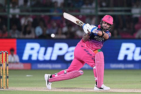 Rajasthan Royals' captain Riyan Parag plays a shot during the Indian Premier League cricket match between Delhi Capitals and Rajasthan Royals in Jaipur, India.