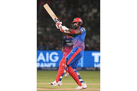 Delhi Capitals' KL Rahul hits a six during the Indian Premier League cricket match between Delhi Capitals and Rajasthan Royals in Jaipur, India.