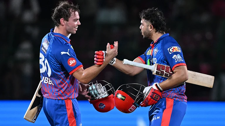 Delhi Capitals' Tristan Stubbs with batting partner Ashutosh Sharm celebrate after wining against Rajasthan Royals during the Indian Premier League cricket match in Jaipur, India, Friday, May, 1, 2026 - (AP Photo)