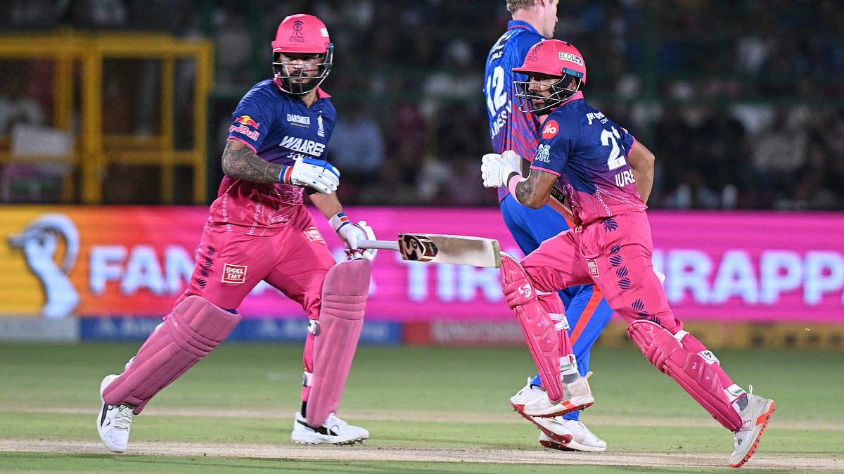Rajasthan Royals' Dhruv Jurel with batting partner captain Riyan Parag run between the wickets to score during the Indian Premier League cricket match between Delhi Capitals and Rajasthan Royals in Jaipur, India, Friday, May 1, 2026 - (AP Photo)