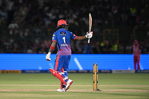 Delhi Capitals' KL Rahul celebrates his fifty runs during the Indian Premier League cricket match between Delhi Capitals and Rajasthan Royals in Jaipur, India.