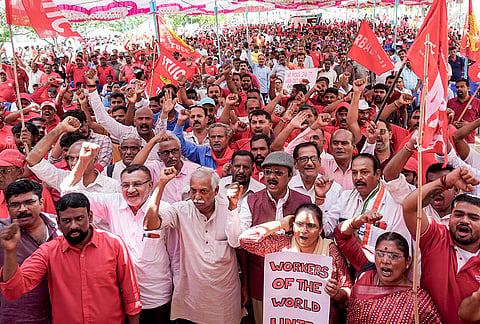 Workers and members of various trade unions take part in a rally on International Labour Day, also known as May Day, in Bengaluru, Karnataka.