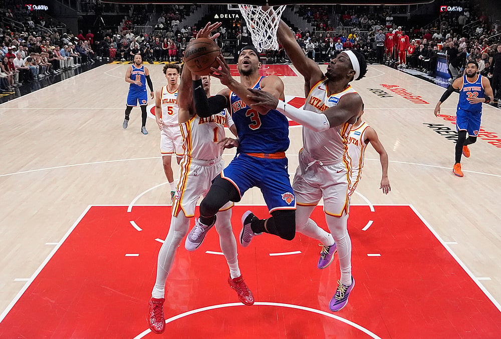 New York Knicks guard Josh Hart (3) shoots during Game 6 in a first-round NBA basketball playoffs series in Atlanta.  - | Photo: AP/Brynn Anderson
