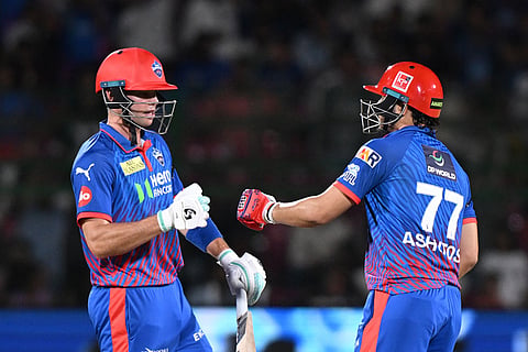 Delhi Capitals' Tristan Stubbs with batting partner Ashutosh Sharma give fist touch after scoring runs aduring the Indian Premier League cricket match between Delhi Capitals and Rajasthan Royals in Jaipur, India.