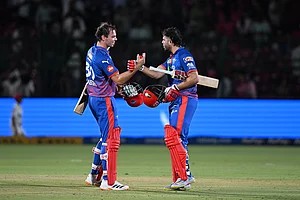 | Photo: AP : Delhi Capitals' Tristan Stubbs with batting partner Ashutosh Sharm celebrate after wining against Rajasthan Royals during the Indian Premier League cricket match in Jaipur, India.