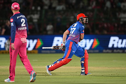 Delhi Capitals' Ashutosh Sharma celebrates after wining against Rajasthan Royals during the Indian Premier League cricket match in Jaipur, India.