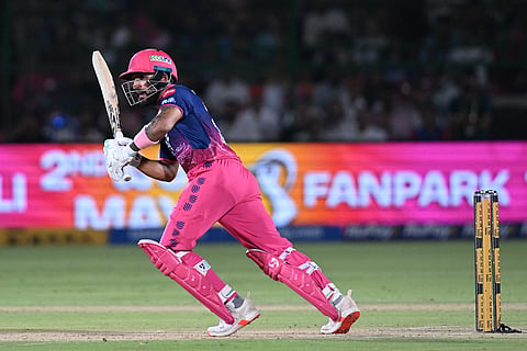 Rajasthan Royals' Dhruv Jurel plays a shot during the Indian Premier League cricket match between Delhi Capitals and Rajasthan Royals in Jaipur, India.
