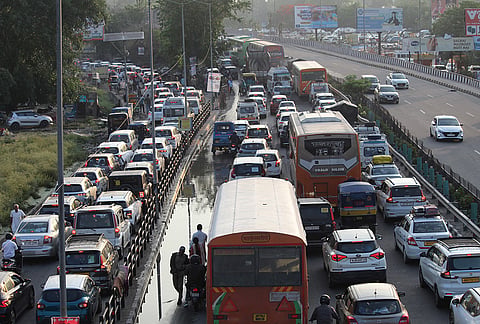 Vehicles remain stuck in traffic at Delhi-Haridwar Expressway on the occasion of Buddha Purnima festival, in Haridwar, Uttarakhand.