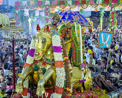 A view of an idol of Lord ‘Kallazhagar’ (Vishnu) during the ‘Chithirai’ festival, in Madurai, Tamil Nadu.