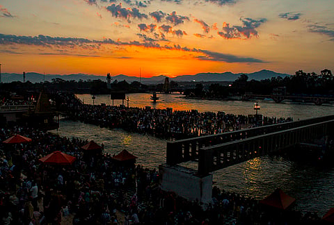 A view of sunrise at Har Ki Pauri, in Haridwar, Uttarakgand.
