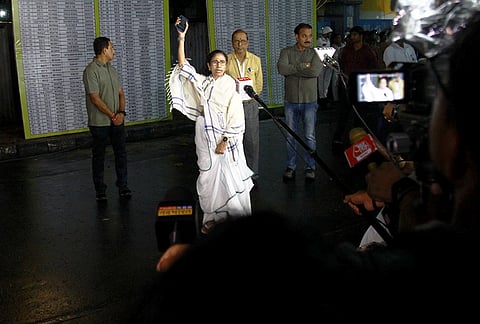 West Bengal Chief Minister and TMC candidate for Bhabanipur constituency, Mamata Banerjee speaks to the media during her visit to a counting centre within her constituency ahead of the result declaration of state Assembly elections, in Kolkata.