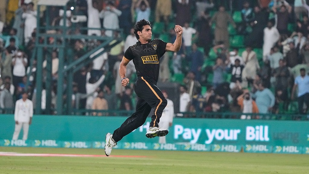Hyderabad Kingsmen's Hunain Shah celebrates after his team won the Pakistan Super League Eliminator 2 against Islamabad United in Lahore. - AP